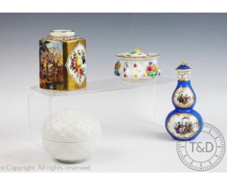 A 20th century Meissen white glazed globular box and cover, 10cm diameter, a German porcelain blue glazed gourd vase and cove