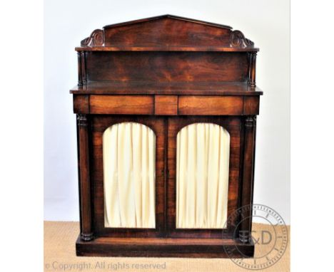 A William IV rosewood chiffonier, with raised shelf back above two glazed doors flanked by columns, on plinth base, 141cm H x