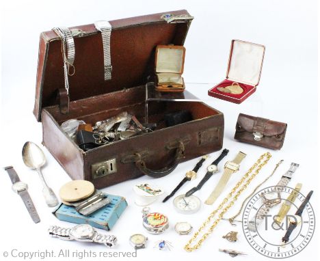 A suitcase containing an assorted collection of pocket watches, wristwatches and assorted silver to include a William IV fidd
