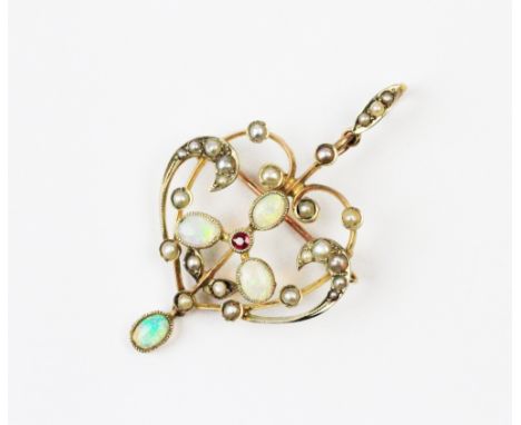 A Victorian seed pearl and opal sinuous brooch/pendant, of typical openwork design, set with three central opals within a sur