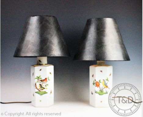 A pair of Herend porcelain hexagonal table lamps, each decorated with birds and insects, 30cm high (size does not include the