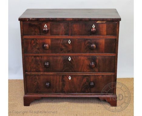 An early 19th century mahogany chest, of two short and three long drawers, on bracket feet, with ivory escutcheons, 89cm H x 