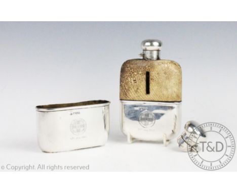 A silver hip flask, Edward Osborn Marples, Chester 1901, half leather clad with removable silver cup base, engraved with cres