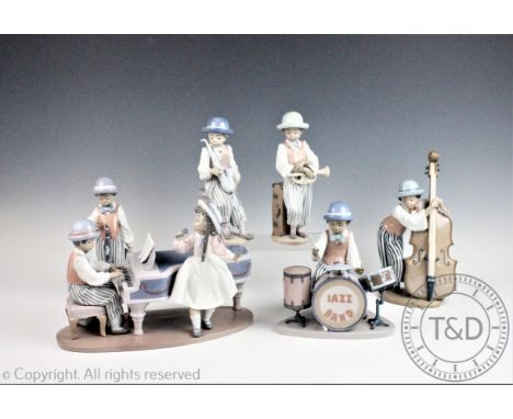 A Lladro six piece Jazz Band, comprising piano player and female singer, trumpeter, clarinetist, drummer, double base player 