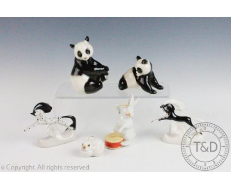 A pair of USSR pottery stylised jumping horses, with two similar Pandas, a rabbit and another Chinese drumming rabbit (6) CON