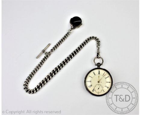 A Victorian silver open face pocket watch, London 1885, the white enamel dial with black Roman numerals and subsidiary second