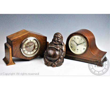 An Art Deco walnut cased mantel clock, 38cm wide with an Edwardian mahogany cased cased mantel clock, 41cm wide and a Chinese