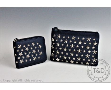 A Jimmy Choo blue leather and star studded zip around wallet and matching pouch bag, both with certificate of authenticity ca