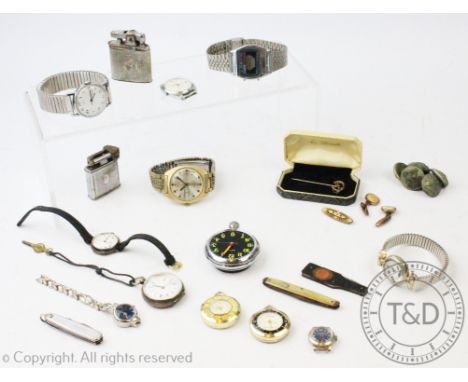 A Victorian diamond and sapphire brooch, stamped '15ct', a pair of cufflinks, a stick pin, assorted lighters and wristwatches