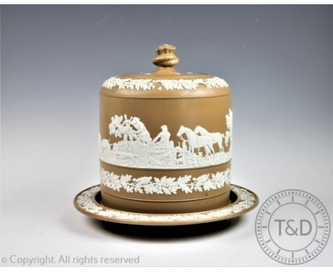 A late 19th century cheese bell and base, applied with cameo mounts depicting fox hunting, acorns and oak leaves against a ca