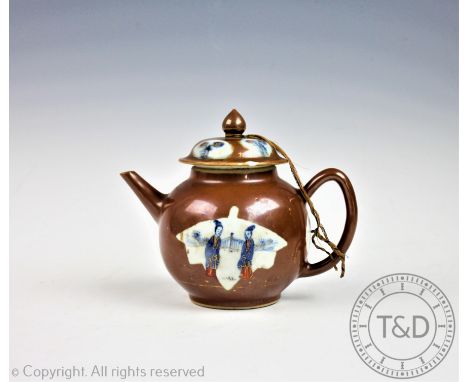 A Chinese 18th century porcelain cafe au lait teapot, the globular teapot with four reserves decorated in the imari palette a