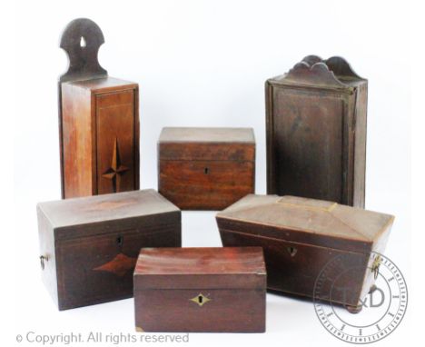 Six 19th century treen boxes, to include; an inlaid mahogany candle box of slender proportions, 44.5cm high, with an oak cand