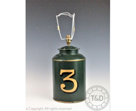 A modern toleware type table lamp, modelled as a tea canister and numbered '3', 40cm high, (size does not include shade fitti