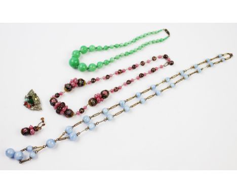 A Venetian glass bead necklace, 48cm long, with one necklace matching, a costume jewellery Art Deco brooch, a blue glass neck