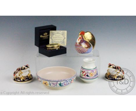 Three Royal Crown Derby Imari paperweights, comprising a pair of frogs and a cockerel, all with gold stoppers, with two piece