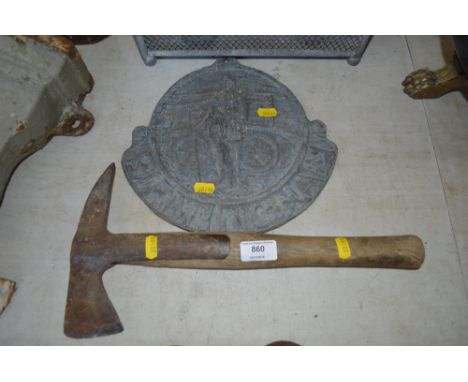 A lead plaque entitled Birmingham together with a fire axe 