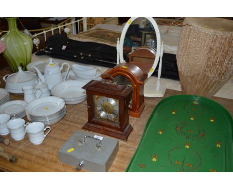 A dressing table mirror together with two mantel clocks and a lock box 