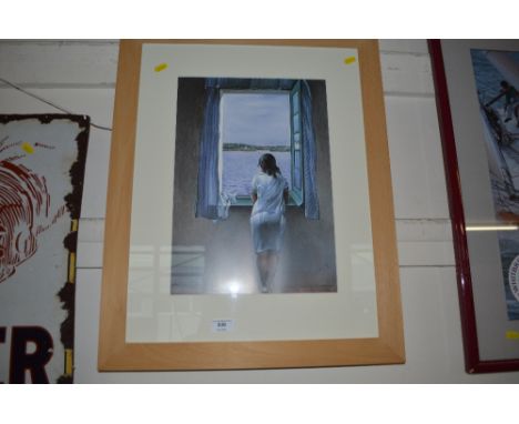 A pine framed print depicting a lady gazing out of a window 