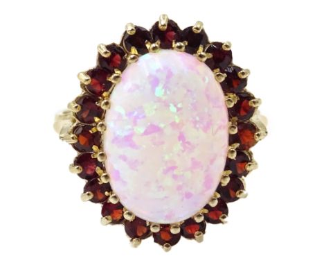 9ct gold opal and garnet cluster ring, hallmarked Condition Report Approx 3.4gm, size N-OClick here for further images, condi