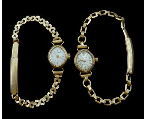 Two mid 20th century Accurist 9ct gold manual wristwatches hallmarked on plated bracelets Condition Report Both ticking away