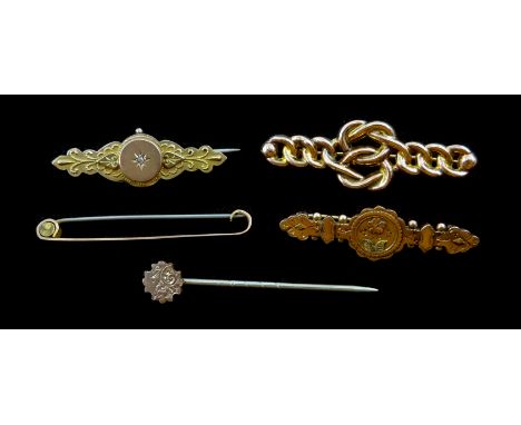 Victorian diamond set picture back 9ct gold bar brooch, similar brooch, scroll brooch, bar brooch stamped 9ct and stick pin C