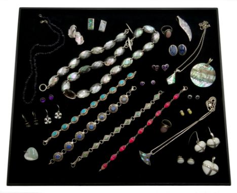 Silver stone set jewellery including Blue John earrings, turquoise bracelets, rings, pendants and necklaces, all stamped or h