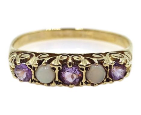 9ctr gold five stone opal and amethyst ring, hallmarked Condition Report Approx 2.1gm, size RClick here for further images, c