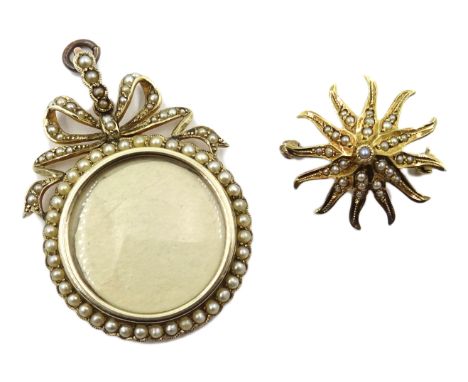Edwardian gold seed pearl, circular picture pendant with bow top, stamped 9c and a gold seed pearl star brooch, stamped 14K C