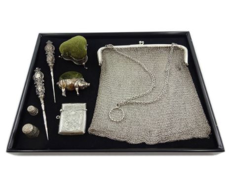 Silver evening purse approx 7oz, pig pin cushion Birmingham 1908, similar pin cushion 1909, broderie anglais and crochet hook