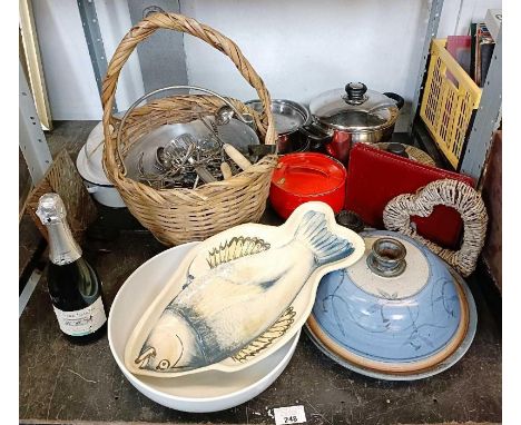 Vintage kitchenalia to include enamel roasting tin, cutlery, a large ceramic fish platter etc