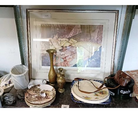 Collectors plates, a signed print, brass vases &amp; other items