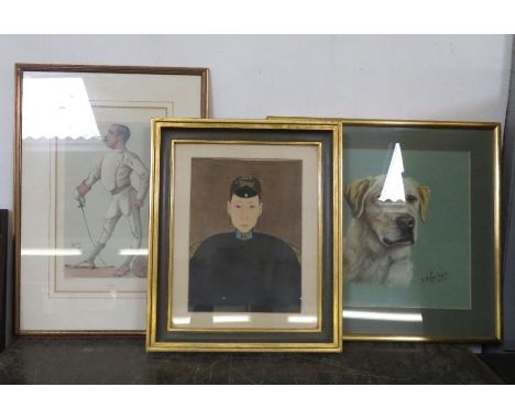 A Vanity Fair print, portrait of a dog and a print of a Chinese Emperor