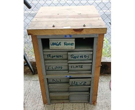 Wooden framed pigeon hole/multi drawer unit, to include copper tools and other similar items