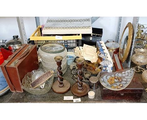 2 oak barley twist candlesticks, cased Polaroid camera, a convex wall mirror &amp; other collectables
