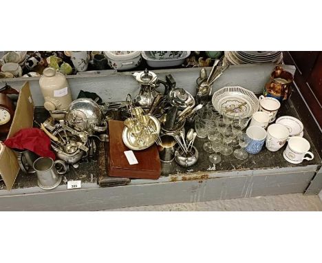 Part shelf of silver plated items, pewter mugs &amp; coronation ceramics