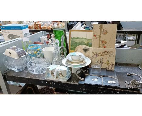 Part shelf of painted ceramic tiles, glassware including Harrods, slate boards &amp; other items