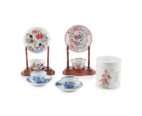 COLLECTION OF NINE PORCELAIN WARES QING DYNASTY, 18TH CENTURY TO 20TH CENTURY  清 粉彩茶杯及盞帶座、‘南京號’海撈青花茶杯及盞 及 二十世紀 粉彩無雙譜蓋罐（一組九件） 