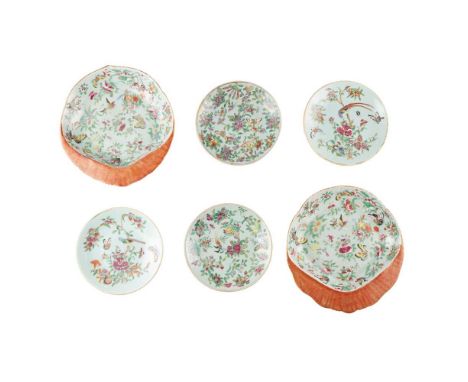 GROUP OF SIX FAMILLE ROSE CELADON-GROUND PLATES QING DYNASTY, 19TH CENTURY  清 各式粉青釉粉彩花蝶紋盤（共六件） comprising: two shell-shaped p