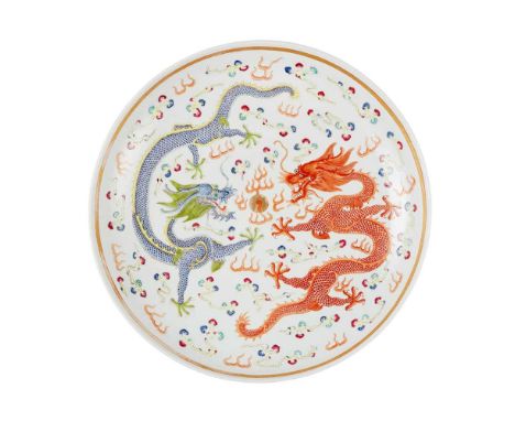FAMILLE ROSE 'DRAGON' CHARGER  QING DYNASTY, GUANGXU MARK AND OF THE PERIOD  清 光緒款 粉彩雙龍戲珠紋大盤 painted in the interior within a