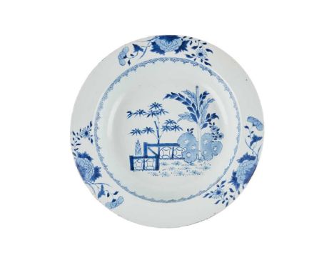 BLUE AND WHITE BASIN  QING DYNASTY, 18TH CENTURY  清 青花竹石芭蕉紋盆 rising from the countersinking foot to steep sides and everted m