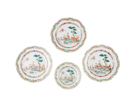 GROUP OF FOUR FAMILLE ROSE WARES QING DYNASTY, 18TH CENTURY  清 粉彩花鳥紋盤及碟（共四件） comprising: three larger plates, and one smaller
