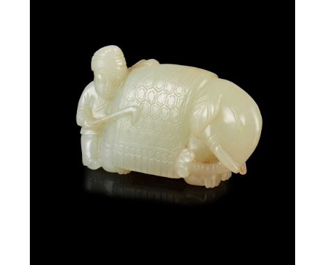 PALE CELADON JADE CARVING OF A BARBARIAN AND ELEPHANT QING DYNASTY, 19TH CENTURY  清 青白玉雕胡人趕象擺件 carved as an elephant standing