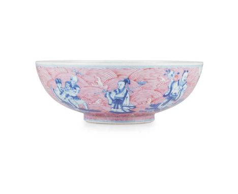 PUCE-ENAMELLED BLUE AND WHITE 'EIGHT IMMORTALS' BOWL DAOGUANG MARK BUT 20TH CENTURY  二十世紀 道光款 青花胭脂紅八仙過海紋碗 well-potted with ro