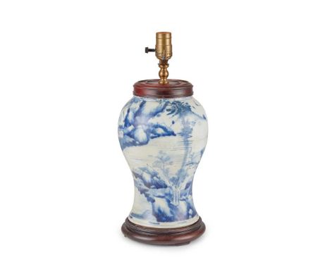 BLUE AND WHITE VASE LAMP 青花山水紋瓶 painted with shanshui landscape, later converted to electricityDimensions:27cm highProvenance