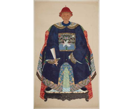 ANCESTOR PORTRAIT PAINTING QING DYNASTY, 19TH CENTURY  清 祖先像紙本設色 立軸 ink and colour on paper, painted with a seated male, poss