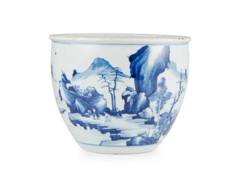 BLUE AND WHITE BASIN  QING DYNASTY, 19TH CENTURY  清 青花山水人物紋卷缸 the steep sides rising to short everted rim, painted with a con
