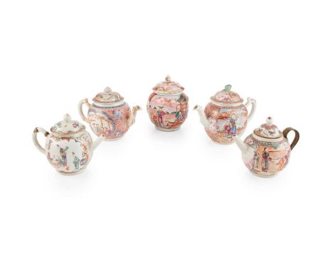 GROUP OF FIVE TEAPOTS  QING DYNASTY, 18TH CENTURY  清 外銷青花加彩及粉彩開光人物故事紋茶壺及茶罐（一組五件） two lidded famille rose teapots similarly de