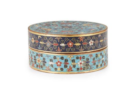 CLOISONNÉ ENAMEL 'LOTUS' BOX AND COVER JIAJING MARK BUT LATER  嘉靖款 銅胎掐絲琺瑯纏枝蓮紋蓋盒 of circular form with straight sides, the cov