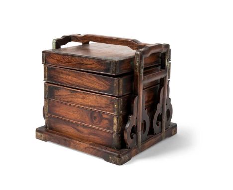 HUANGHUALI FOUR-TIERED PICNIC BOX WITH HANDLE QING DYNASTY, 19TH CENTURY 清 黃花梨四層提盒 of square form, the cover surmounting four