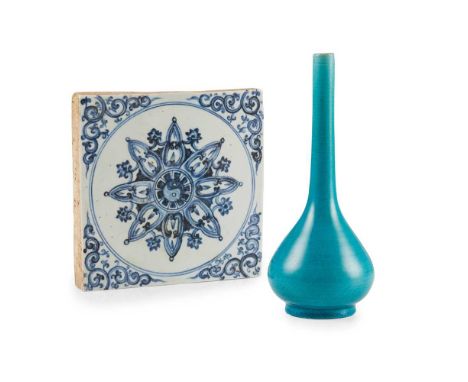 A MING-STYLE BLUE AND WHITE TILE AND A TURQUOISE-GLAZED BOTTLE VASE QING DYNASTY AND LATER  明式青花八卦紋磚 及 清 孔雀藍釉膽瓶（共兩件） one squa